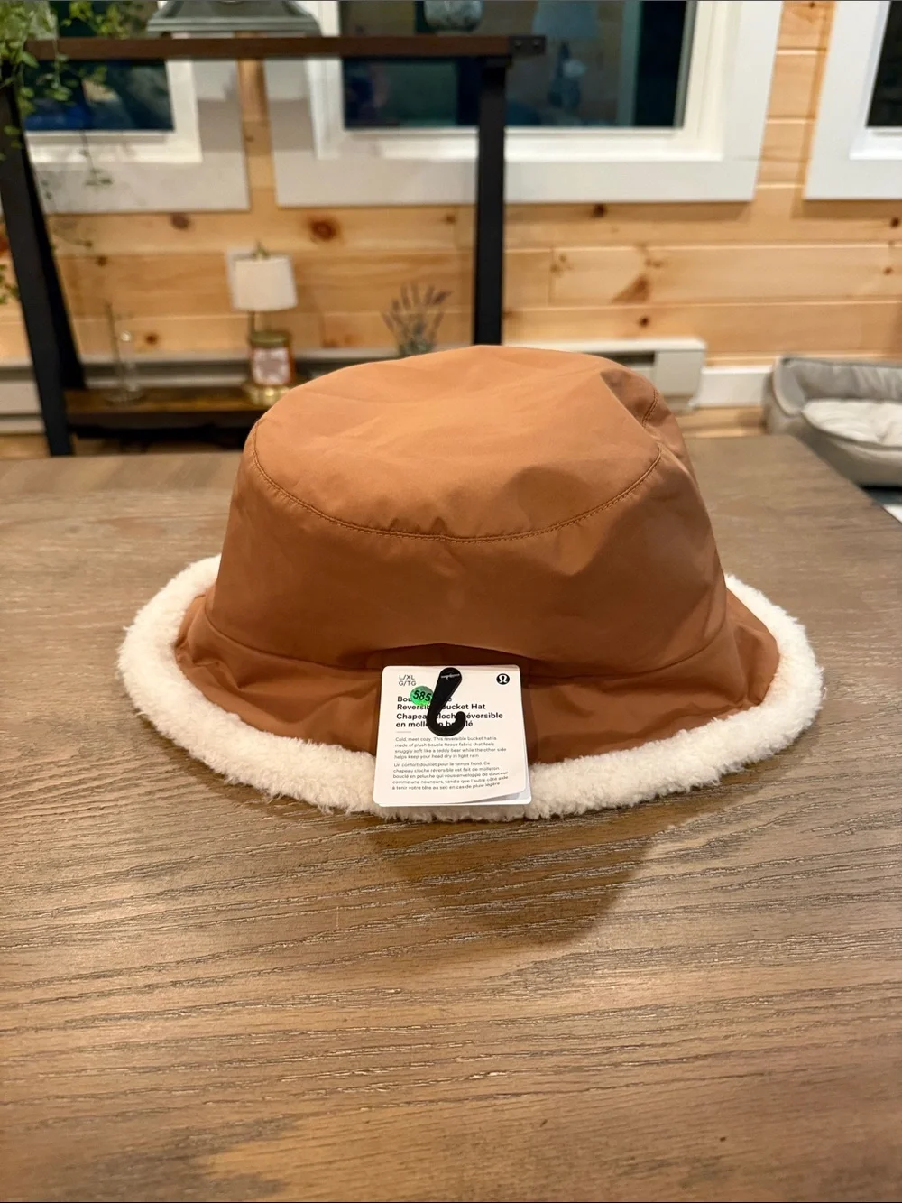 Lululemon camel color Bucket Hat with White Faux-Sherpa Trim